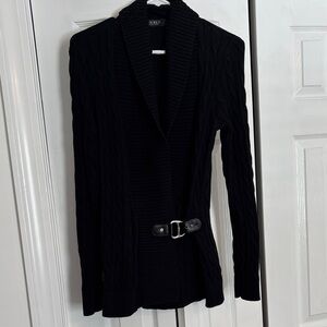 Ralph Lauren Black Cable Knit Shawl Collar Cardigan with Buckle